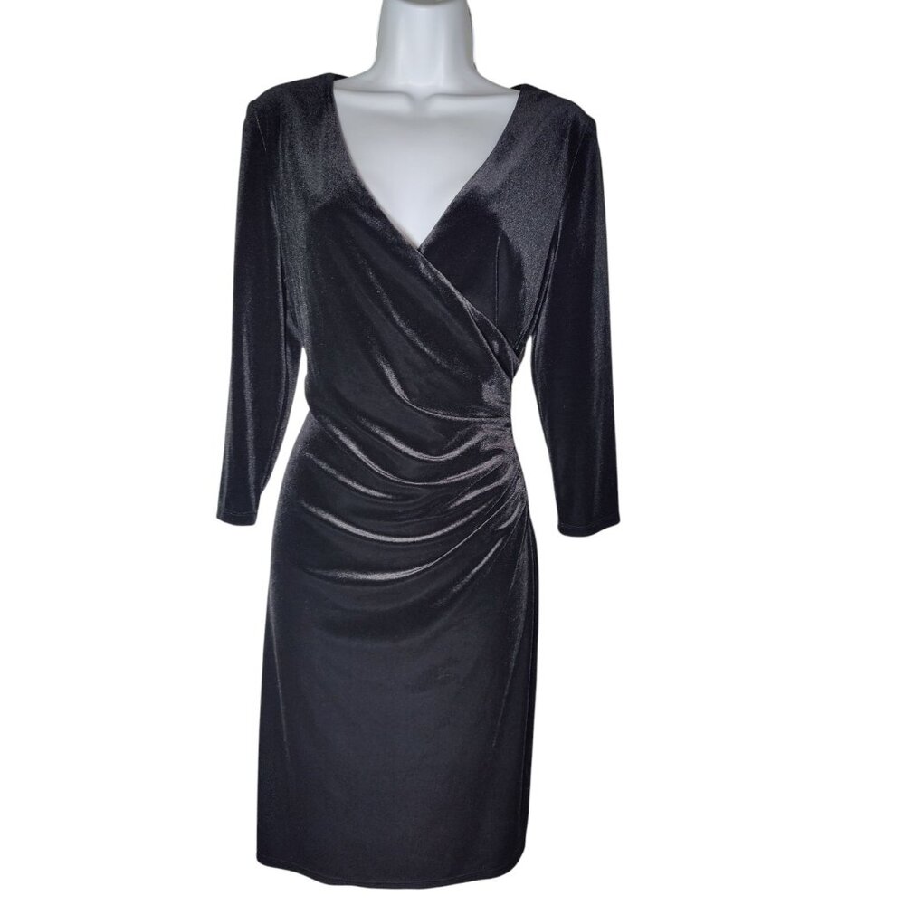 Chaps Velvet Velour Faux Wrap Ruched Long Sleeve Knee Length Black Dress 10‎ NWT